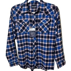 Wrangler Youth XL Button Up Shirt Red, Wt Blue Plaid Pearl Snap Flannel NWT